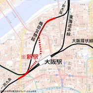 梅田貨物線の地下化区間と新駅の位置（赤）。梅田貨物駅跡地の再開発の一環として行われている。