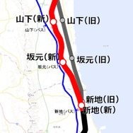 相馬～浜吉田間の路線図。新地駅付近から浜吉田付近まで内陸寄りにルートを変更する。