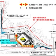 鹿島田・新川崎両駅付近の平面図。両駅間を結ぶ歩行者通路が完成し、11月15日から使用を開始する。