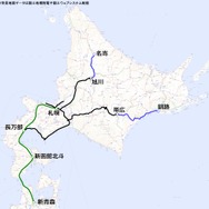 北海道高速鉄道開発が関わる線区（青）を含む維持可能路線のみ残り、北海道新幹線（緑）の札幌開業と並行在来線の経営分離（2030年度末）が実施された場合のJR北海道の路線図。15年後には営業距離が現在の半分以下になる可能性もある。