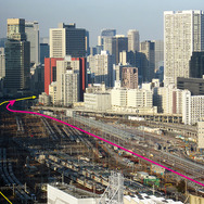 黄色が11月19日までの東海道線上り電車ルート、赤が11月20日からの新ルート