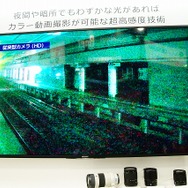 駅構内に設置されたという想定で従来のHDカメラが撮影した画像。肉眼よりは見えているものの、画質が悪すぎて詳細の判別はできない。