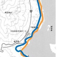 小友駅～盛駅間のルート変更図。オレンジのラインがBRT専用道、ブルーのラインが一般道。