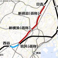 神奈川東部方面線を構成する相鉄・JR直通線（青）と相鉄・東急直通線（赤）。相鉄・JR直通線は2019年度下期、相鉄・東急直通線は2022年度下期に開業する予定だ。