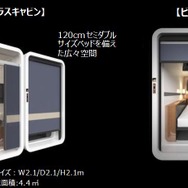 左の「ファーストクラスキャビン」は2人用、右の「ビジネスクラスキャビン」は1人用の個室寝台をイメージしている。どちらもテレビ、Wi-Fi、電源コンセント、施錠可能なセーフティーボックスを備えている。「ファーストクラスキャビン」にはサイドテーブルも備える。高さが2.1mもあるので、従来のカプセルホテルのような圧迫感はない。
