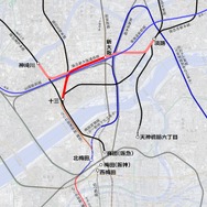 新大阪連絡線のルート（赤）。淡路～新大阪間と新大阪～神崎川間の計画は中止された。