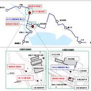 陸前高田市内の大船渡線BRTルートと各駅の位置。陸前高田駅が移転するほか、まちなか陸前高田駅の廃止と栃ヶ沢公園駅の新設が行われる。