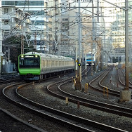 山手線（左）を高架橋で越える京浜東北線北行電車（右）