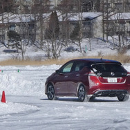 凍りついた女神湖を走る日産リーフ