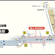 築地駅～新富町駅間の徒歩連絡ルート。