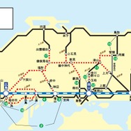 7月18日14時時点におけるJR西日本の運行状況。中国地方の山間路線を中心に不通区間が続いている。舞鶴線と山陰本線は今週中に不通区間がなくなる模様。