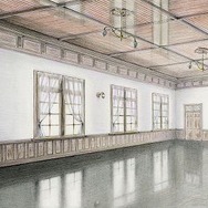 2階に復原される食堂のイメージ。腰壁と天井はこげ茶色のワニス塗装とし、壁は白い漆喰壁。シャンデリアも復原される。オープン後は大正時代に門司港駅の2階で営業していた「みかど食堂」にちなんだ名前のレストランとして使われる。