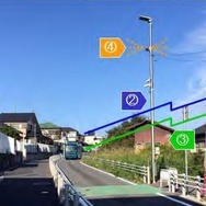 路側センサーの設置場所の様子と歩行者検知イメージ。（1）指定エリアで常時、歩行者を検知、（2）横断エリア手前約50mの地点にバスが接近したことを通知、（3）歩行者が検知されている場合、バスへ歩行者などの存在を通知、（4）バスの通知と同時に回転灯が点灯。