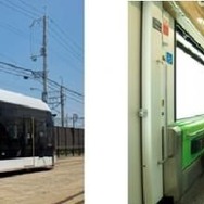 10月27日から営業運行に入る1100形1101号（左）。写真右はオールロングシート化してA1200形より通路幅を拡大した車内。