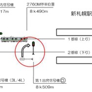 事故当時の状況。赤い丸印が問題の倒れた信号機。倒れる直前には下り列車（2765M）が通過しており、難を逃れた。