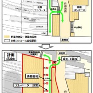 改良される品川駅北側コンコースの概要。現在の北側コンコースが東京方へ大幅に延び、駅の業務施設や商業施設もその分、拡張する。