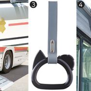 トロリーバスのものを承継したヘッドマーク（1）、折畳み式の車椅子用ステップ（2）、黒部ダムのマスコットキャラクター『くろにょん』をあしらったつり革（3）、大型のサイドミラー（4）。