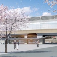 上北沢駅のイメージ：地元のシンボルである桜並木が映える。