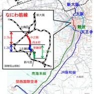 なにわ筋線の概要。大阪市の南北を現在より短いルートで進み、関西国際空港へ至る。