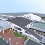 2020年3月のダイヤ改正を機に開業する東海道本線御厨駅のイメージ。駅舎は橋上式で、構内は2面2線。自由通路は東海道新幹線と東海道本線を跨ぐ位置に架かる。