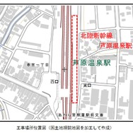北陸新幹線芦原温泉駅の工事箇所。在来線ホームの東側に隣接する。