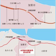 石川県と福井県に跨る加賀トンネルの位置。工事は2016年5月に発足した加賀鉄道建設所が石川県側の4.1km分を担当。