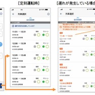 EXアプリの遅延列車表示イメージ。遅延の状況が表示されるほか、10分以上の遅れが見込まれる場合は、同アプリの予約者へ所定発車時刻の1時間ほど前に通知される。