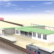 奥羽本線の新駅・泉外旭川駅のイメージ。駅舎が上下線に挟まれる形で設置され、駅前とは自由通路で結ばれる。