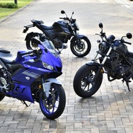250ccバイクの異種3モデルを揃えた。左からヤマハ YZF-R25、スズキ ジクサー250、ホンダ レブル250