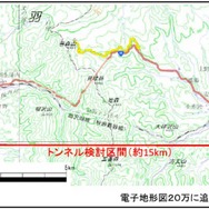 新仙岩トンネルの整備計画範囲。赤渕～田沢湖間には仙岩トンネルがあるが、同区間には老朽橋梁も集中しており、これらの架替えには莫大な工費や秋田新幹線の長期運休などが必要になると言われ、長大トンネルによるルート変更が提唱された。