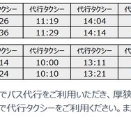 美祢線厚狭～湯ノ峠間代行タクシーの時刻。利用には厚狭駅駅員への申し出が必要。