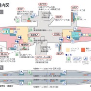 新横浜駅の構内図。南改札を相鉄が、北改札を東急が運営する。