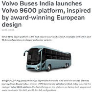 最新「ユーロピアンデザイン」で受賞したVolvo 9600 バスのベンガルール就航を告げるボルボバス・インドのプレスリリース。