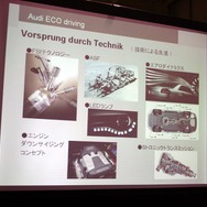 アウディのスローガンである“Vorsprung durch Tecnik”（「技術による先進」）。さまざまな環境技術によりCO2排出力の削減を図っている