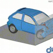 車の正面衝突シミュレーション（提供： 財団法人日本自動車研究所） 車の正面衝突シミュレーション（提供： 財団法人日本自動車研究所）