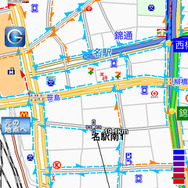 G-BOOK全力案内ナビ独自のプローブ交通情報による渋滞、空き道表示。幹線道路だけでなく裏道の情報も多いことがわかる。都市部では明らかにVICSを上回る情報量だ。