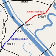 京成電鉄押上線の連続立体交差事業は押上～八広間と四ツ木～青砥間で実施中。今回、四ツ木～青砥間の事業期間が2022年度まで延長された。