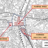 都市計画が決定した3事業の位置。渋谷駅南街区は東横線の旧・渋谷駅跡地にビルを建設する。