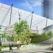 八重洲口駅前広場の完成予想イメージ。換気塔の壁面緑化を行う。
