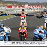 2013年 各クラスチャンピオン(左から)Moto2クラス ポル・エスパルガロ、MotoGPクラス マルク・マルケス、Moto3クラス マーベリック・ビニャーレス