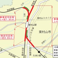 連立事業が実施される東村山駅付近の周辺図。同駅を通る新宿線など3線の線路が高架化される。