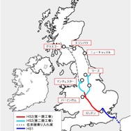 英国HS2の路線図。まず2026年に第1期区間のロンドン～マンチェスター間が開業する予定。JR東日本はHS2社とコンサルティング契約を締結し、広範囲のコンサルティングを行っている。