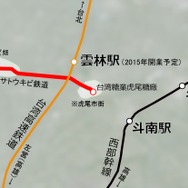 虎尾付近の鉄道路線図。サトウキビ鉄道は虎尾の中心市街地にある製糖工場と市街地の西外れにあるサトウキビ畑を結んでいる。