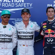 モナコGP予選のトップ3（左よりルイス・ハミルトン、ニコ・ロズベルグ、ダニエル・リチャルド）