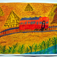 ピラミッドをかすめる小湊鉄道の気動車（市原湖畔美術館「子ども絵画展」）