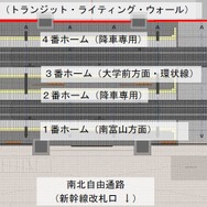 富山駅停留場の平面図。2本を軌道を挟み込むようにして3面のホームが設けられる。