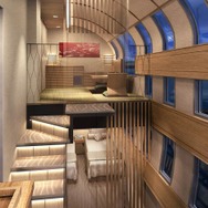 デラックススイートルーム（メゾネットタイプ）の室内イメージ。「景観を楽しめるスケール感のある階上部と、クローズした空間が安心感をもたらす階下部」で構成される。