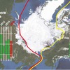 北極海の海氷分布（2016年6月28日時点）と過去の航路開通期間（緑色部分）、2016年の予想開通期間（赤・黄色部分）