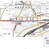 埼京線十条駅付近の平面図。同駅とその前後の線路を高架化（赤）することで6カ所の踏切を解消する。