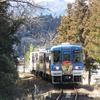 花白温泉駅にやってきた上り『大正ロマン2号』。先頭1両は一般車両だが、後方の3両は全て食堂車。恵那方2両目が「枡酒列車」、3・4両目が「じねんじょ列車」を名乗る。